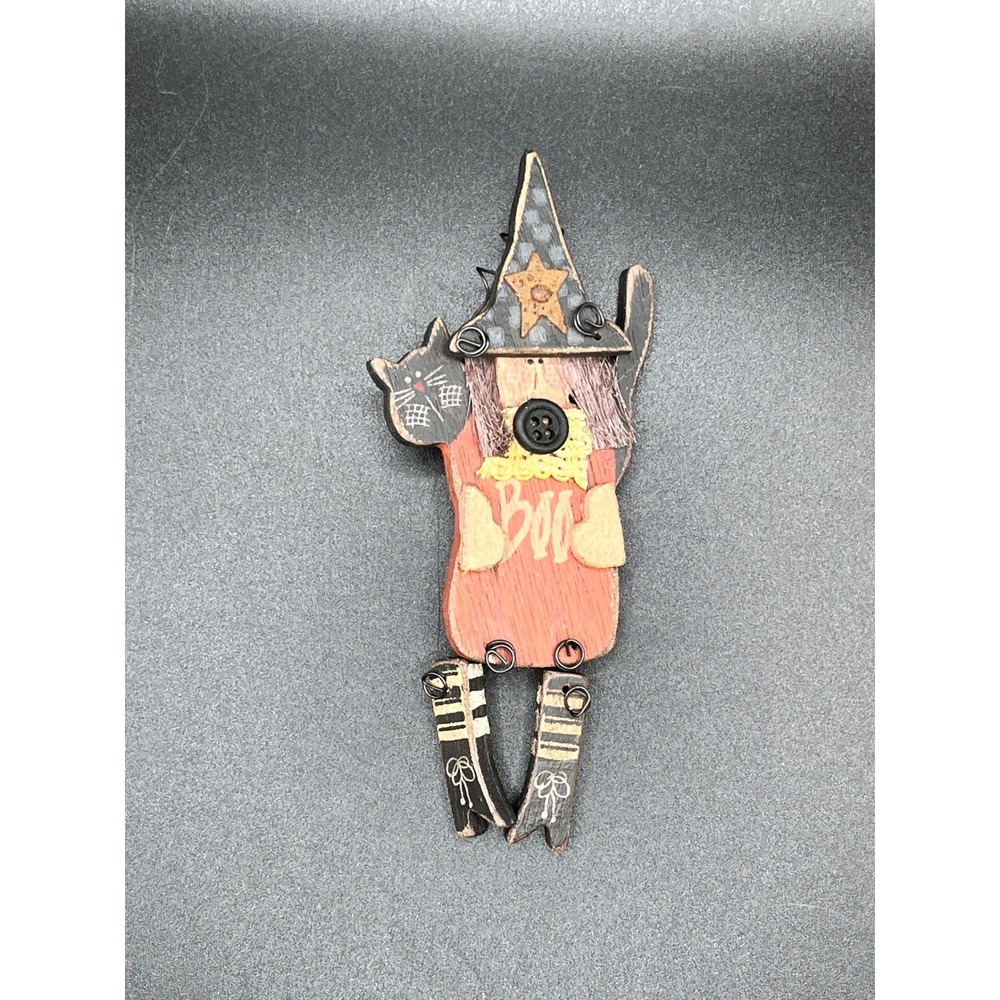 Wooden Witch Cat Halloween Brooch Pin Festive Spooky Boo Witchcore Folk Art Vtg